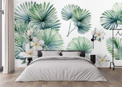 Watercolor tropical bouquet with white flowers and green palm leaves isolated illustration Wall mural