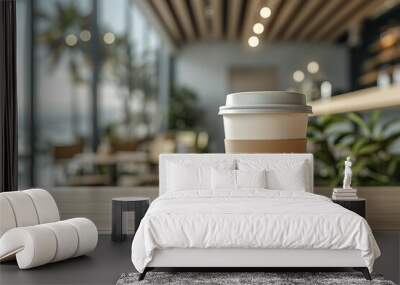 White paper coffee cup with brown sleeve on table in modern cafe interior with blurred background Wall mural