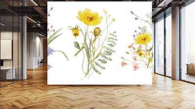 Wild flowers watercolor bouquet botanical hand drawn illustration Wall mural