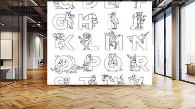 Zoo animal alphabet. Letters from A to Z. Cartoon cute animals isolated on white background. Different animals ABC. For children school education and foreign language study. Coloring book and page. Wall mural