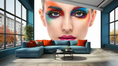 Beauty Fashion woman with Colorful Bright Makeup, sleek Hairstyle. Girl with blue eyes, stylish hair and make up. Beautiful model portrait, fashionable color trend make up. Wall mural