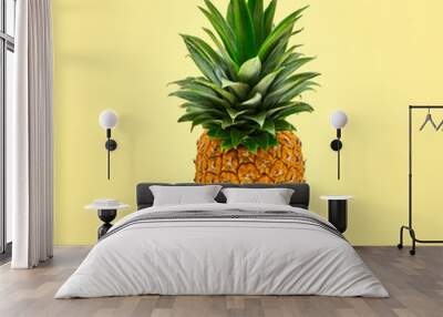 Flying in air pineapple tropical fruit on yellow. Healthy vitamin pineapple, vegan dieting food. Organic whole sweet fresh fruits. Levitation, falling fly pineapple creative concept Wall mural