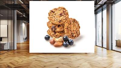 Granola bar cookie with nuts and dry fruit berries. Energy cereal healthy homemade snack. Diet nutrition. Muesli bars isolated on white background. Oatmeal cookie closeup Wall mural