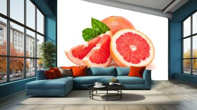 Grapefruit fruit, slices, leaves isolated on white. Juicy healthy vitamin C vegan, weight loss food. Organic whole, cut citrus fruits for grapefruit juice, clipping path. Full depth of field Wall mural