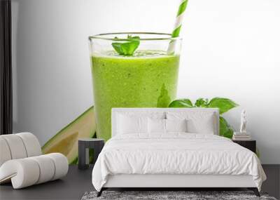 Healthy fresh fruit green smoothie in glass. Raw assorted ingredients isolated on white. Set green organic fruits and vegetables for smoothie. Creative weight loss smoothies dieting concept Wall mural