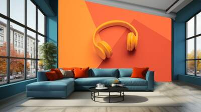 Minimal fashion, Trendy neon headphones. Music vibration on geometry background. Hipster DJ accessory Flat lay. Art creative summer vibes, fashionable pop art style. Bright neon design color Wall mural