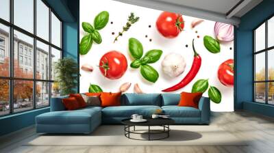 Tomato, basil spices, chili pepper, onion, garlic pattern. Creative cherry tomato background isolated on white. Fresh basil, tomatoes banner, cooking concept, fashion wallpaper Wall mural