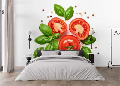 Tomato cherry, basil, spices, pepper. Fresh organic tomatoes, isolated on white. Vegan veggies diet food. Basil, herb and cherry tomatoes, cooking concept, top view. Wall mural