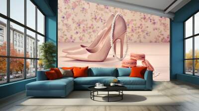 Woman essentials, fashion high heels. Macarons   Wall mural