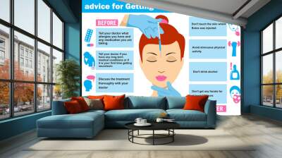 Advice for getting neurotoxin injections. Infographics. Vector illustration of woman having facial injection. Vector infographics design template. Beauty, cosmetology, anti-aging concept. Wall mural