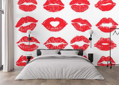 Beautiful red lip imprint set. Isolated on white. Women s lips lipstick kiss print set for valentine day and love illustration Wall mural