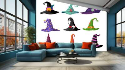 Cartoon witch hats, Halloween party costume elements. Wizard striped hats. Witch hats vector icons, cartoon wizard headwear, traditional magician caps. Halloween witchcraft party collection. Vector Wall mural