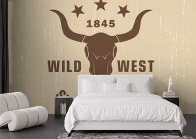 Color illustration of a buffalo skull, stars and text on a background with grunge texture. Vector illustration on the theme of US national culture. Symbols of the state of Texas. Wall mural