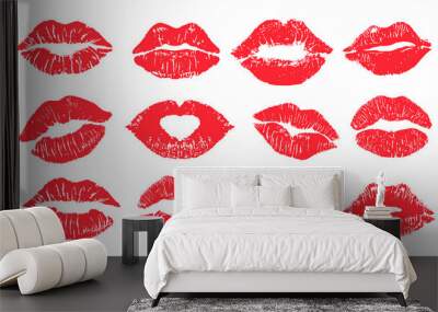 Female lips lipstick kiss print set for valentine day and love illustration. Collection of Lips marks with grunge effect. Vector illustration. Wall mural