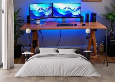 Gaming Desk A desk with built in cable management USB ports and Wall mural