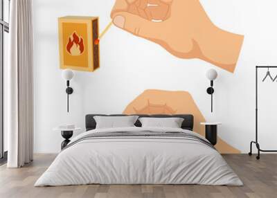 illustration of person's hand  lights a match using matchbox, striking, rubbing a match, isolated on white. Hand holding burning wooden match stick. Fire safety. Lighting concept Wall mural