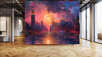 Illustration. panorama of big city. wide banner. Space for text. Mixed style painting. For poster, business card, invitation, flyer, banner, email, header, social media post. Generative Ai content Wall mural