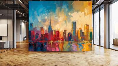 Illustration. panorama of big city. wide banner. Space for text. Mixed style painting. For poster, business card, invitation, flyer, banner, email, header, social media post. Generative Ai content Wall mural