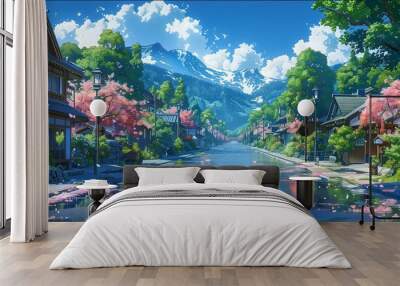 Japanese or fantasy eastern landscape. Anime Spring summer autumn art. Beautiful view small town downtown background. Digital painting. Poster, invitation, flyer, banner, header. Generative Ai content Wall mural