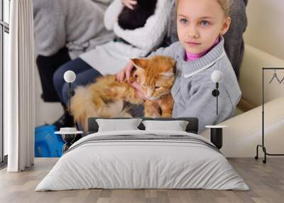 baby girl with her pet's pet red-haired cat waiting to turn to the examination in the veterinary clinic Wall mural