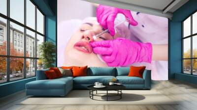 A cosmetologist makes a lip augmentation procedure for a beautiful woman in a beauty salon. Cosmetological skin care. Biorevitalization, female. Wall mural