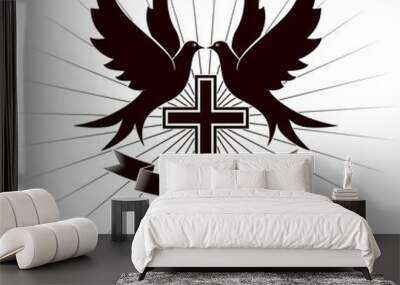 Pigeons, a cross and a banner in the rays. Illustration on a Christian theme. Wall mural