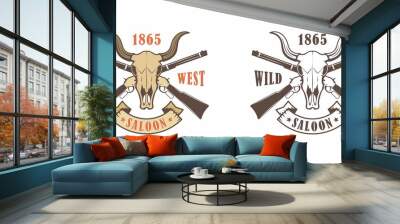 Set of color illustrations of a buffalo skull, crossed guns, ribbon, text and stars on a white background. Vector illustration touts saloon in the wild west. American Western. Wall mural