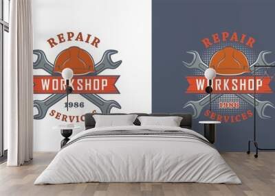 Set of color illustrations of hard hat, crossed wrenches with text on a colored background. Vector illustration advertise repair shop services. Workshop logo. Wall mural