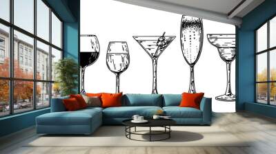 Set of glass goblets in ink hand drawing. isolated on white. Glasses with white and red wine on the white background. Vector illustration Wall mural