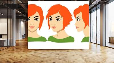 Set of women portrait three different angles. Close-up vector cartoon illustration. Different view front, profile, three-quarter of a girl face. Young beautiful girl portrait. Wall mural