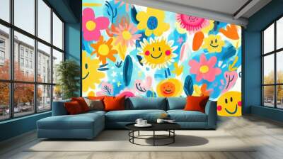 A cheerful floral pattern featuring smiling sun faces and bright flowers in pastel colors, creating a whimsical and joyful design. Wall mural