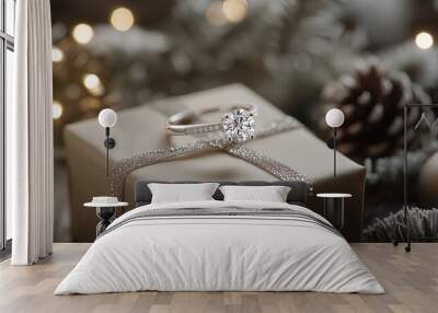 A diamond engagement ring placed on a gift box, surrounded by pinecones and Christmas decorations. Wall mural