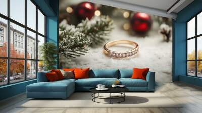 A gold ring adorned with diamonds placed on a snowy surface, with Christmas decorations in the background. Wall mural