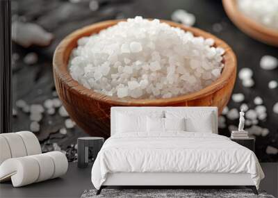 coarse sea or rock salt in a wooden hodgepodge close-up Wall mural