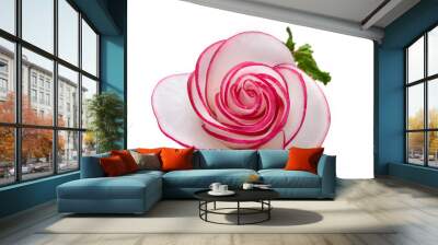 Delicate rose of thin circles of radish with a green sprig on a neutral white background Wall mural