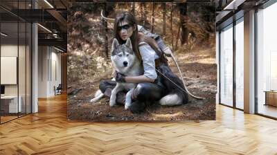 Fairytale art photo of a hunter with a wolf and a bow  Wall mural