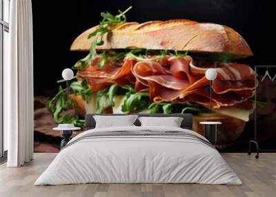 Sandwich with prosciutto and arugula between two buns Wall mural