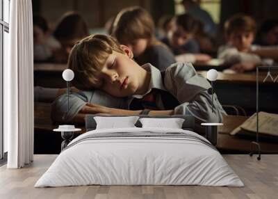 The student fell asleep during the lesson from boredom and fatigue in the classroom on the desk Wall mural