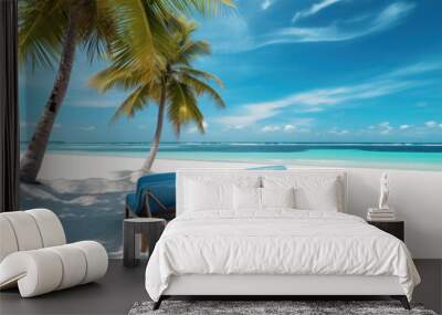 Two luxury sun loungers on a tropical white sand beach Wall mural