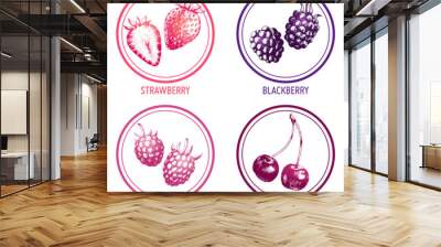 Hand drawn illustration of blackberry, raspberry, strawberry and cherry isolated on white background in round frames. Vector engraving fruit set. Wall mural