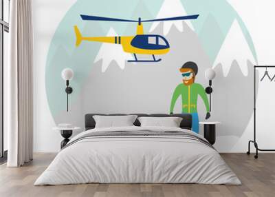 Heliskiing flat illustration with helicopter, mountains and snowboarder. Wall mural