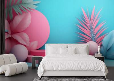 Minimalist pastel-toned display stand adorned with stylized tropical leaves and spheres in a vibrant, modern setting. Wall mural