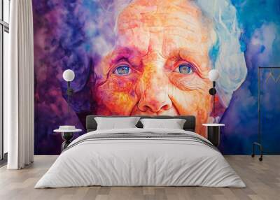 Portrait of a beautiful elderly woman close-up painted in watercolor with an abstract colored background. Enjoyment of life, senior people lifestyle, emotional health, longevity. Wall mural