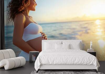 Pregnant girl on sea beach, sea background	
 Wall mural