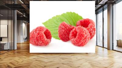 Ripe red fresh raspberries with green leaf isolated on white background. top view. Raspberries closeup macro. Collection Wall mural