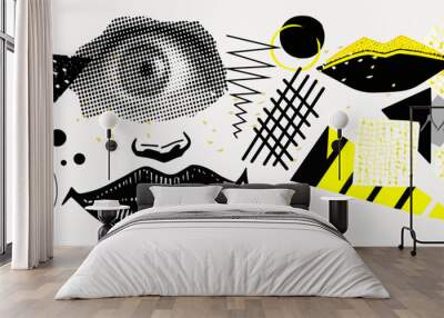 Halftone eye vector universal trendy textured geometric bright bold shapes set, woman lips, yellow and black Wall mural