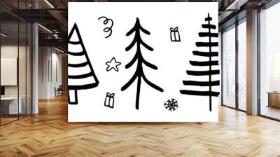 Hand drawn Christmas tree set, doodle black vectors collection, linear style symbols collection Wall mural