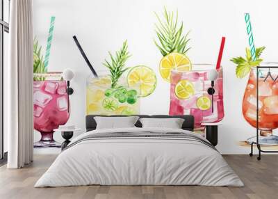 Set of cocktails, summer drinks watercolor clipart. Vector. Refreshing beverage glasses with ice mint and straw Wall mural