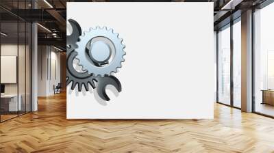 Two gears and key 3d illustration on light background with copy space. Technical support symbol and service repair Wall mural