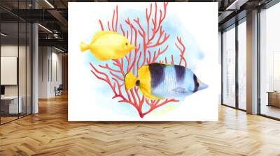 Tang fish and red coral. Tropical ocean reef wildlife. Watercolor illustration. Wall mural